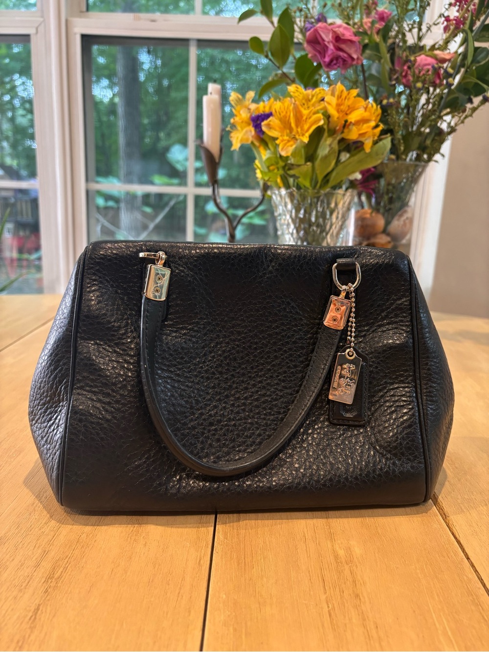 Coach Black Pebbled Leather Madison Mini Satchel with Signature Tags